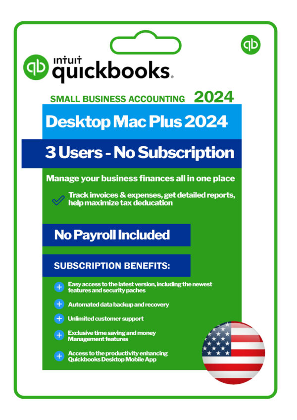 QuickBooks Desktop Mac Plus 2024 – USA Version | No Subscription | 3 Users | No Payroll